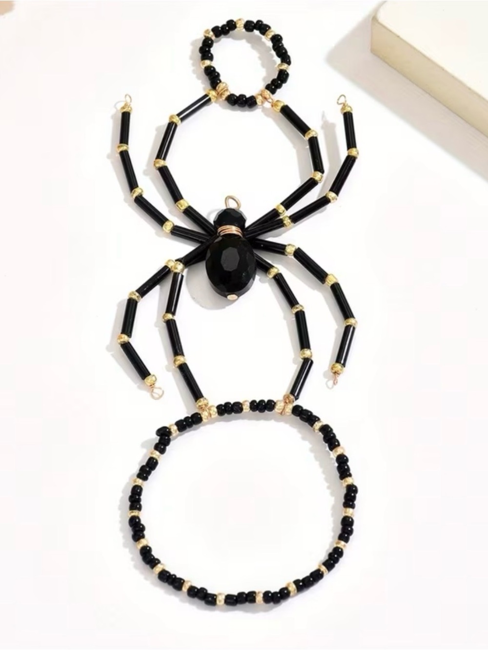 🕷️ Retro Dark Gothic Black & Gold Beaded Spider Hand Harness Ring Bracelet ✨